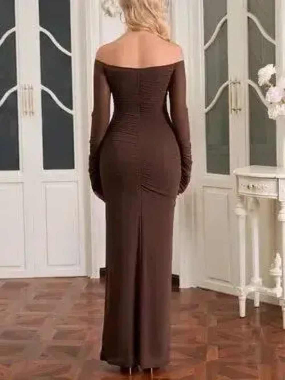 Off-Shoulder Ruched Mesh Long Sleeve Maxi Dress - Picture 8 of 9